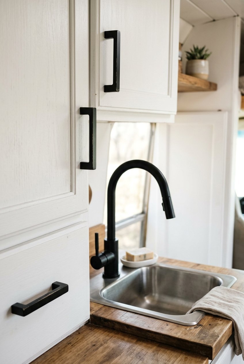 Matte black cabinet hardware and faucet in a renovated camper kitchen