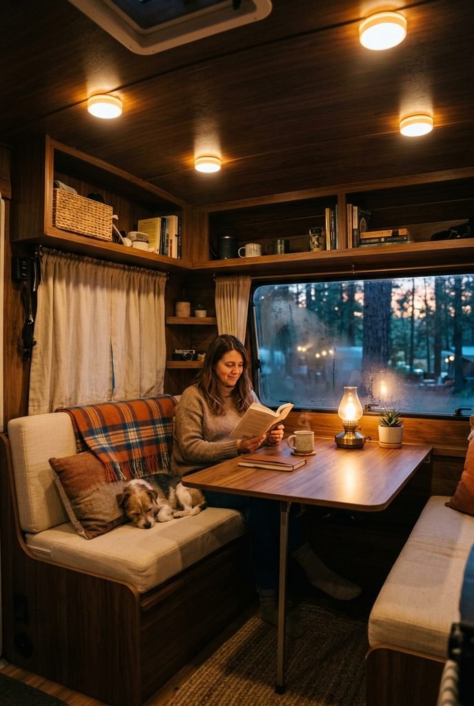 Warm LED lighting glowing in a camper living area at dusk
