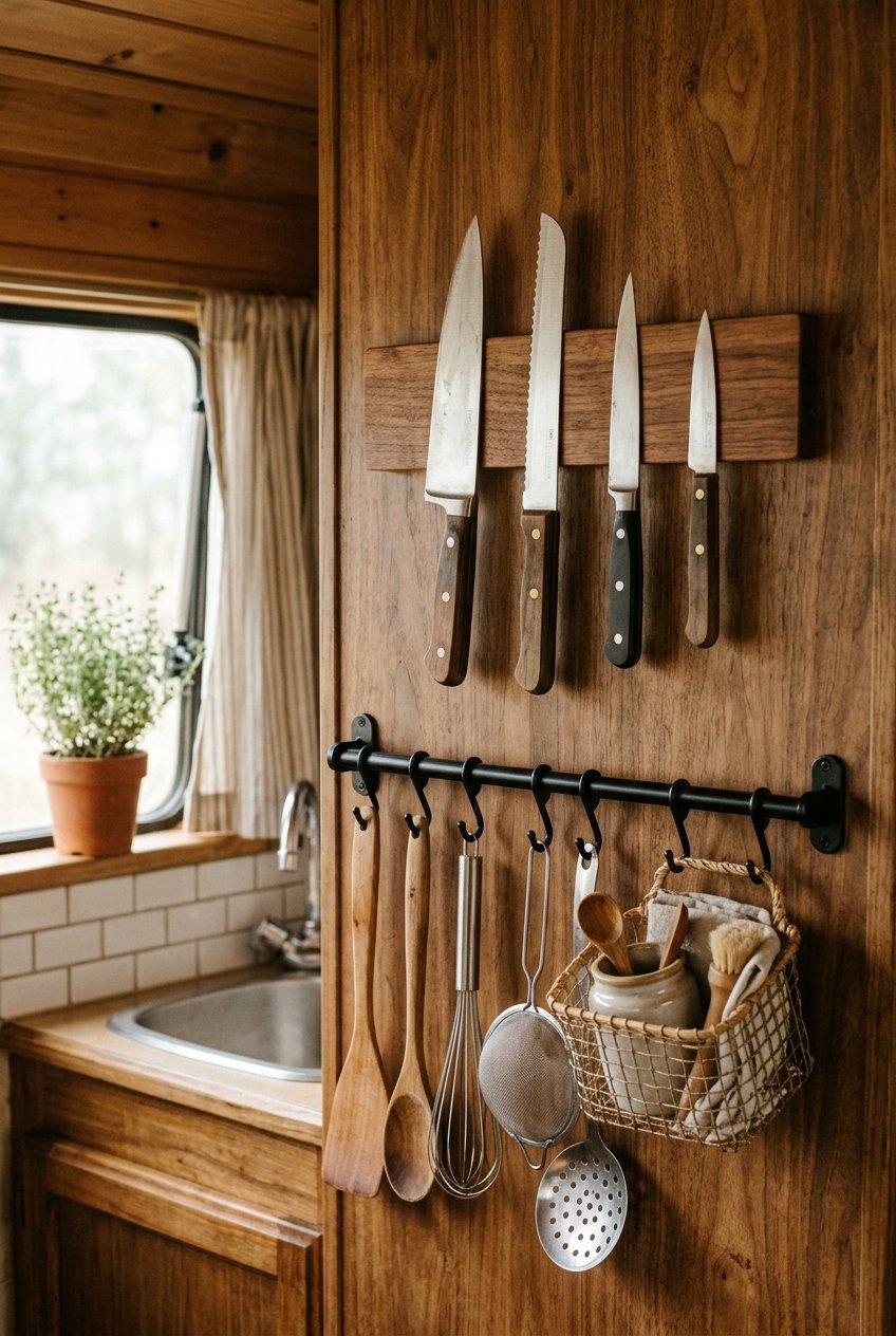 Magnetic knife strip and rail with hooks holding kitchen tools on a camper wall