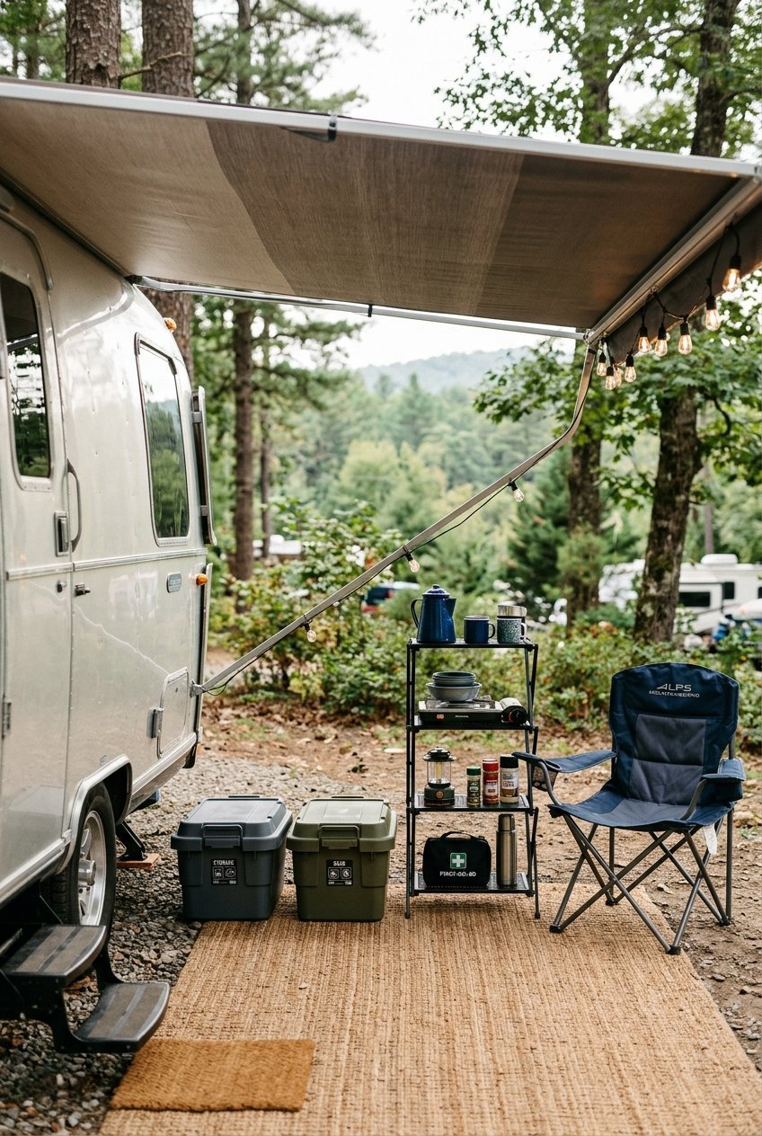 Lidded outdoor bins and a folding rack storing gear under a camper awning