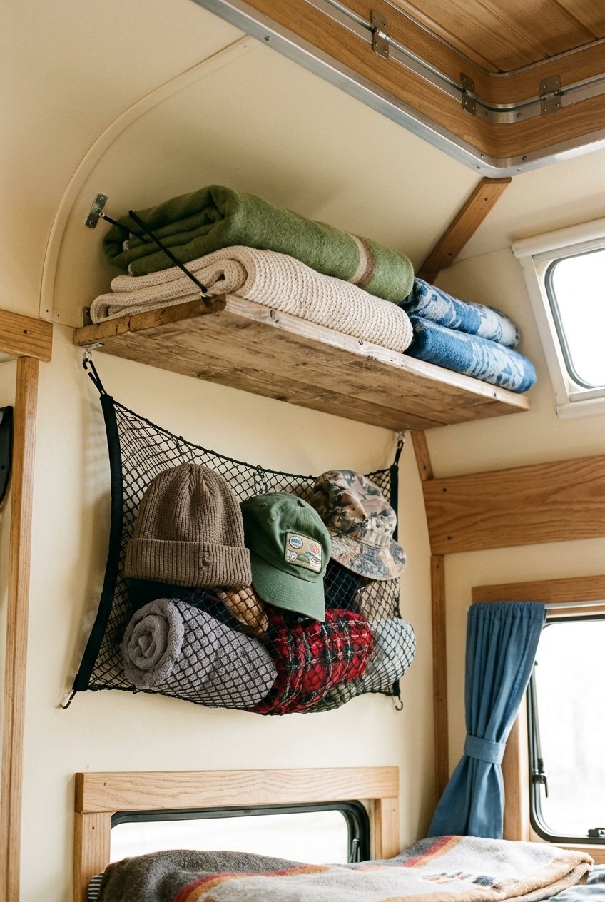 Overhead shelf and ceiling storage net holding lightweight items in a camper