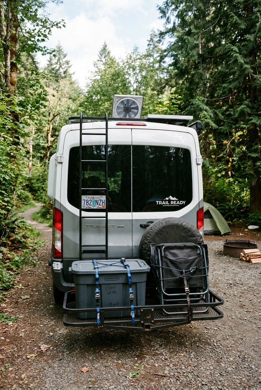 Rear cargo carrier on camper bumper holding storage bins and gear
