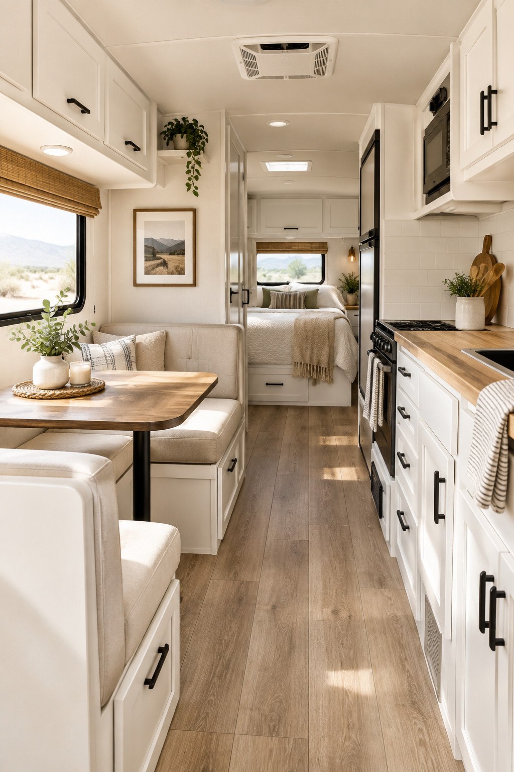 Camper renovation ideas shown in a bright renovated camper interior with painted cabinets and wood look flooring
