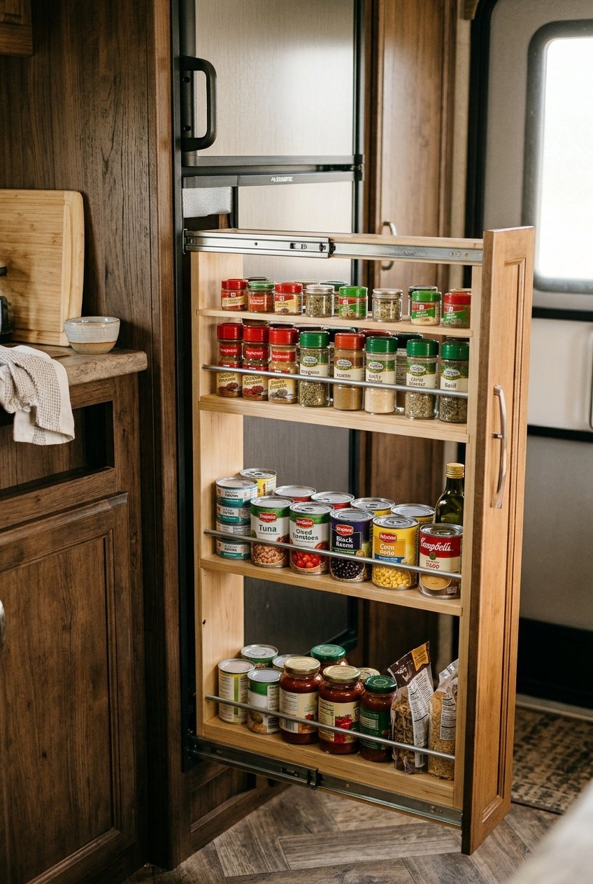 Slim pull out pantry cart in a narrow gap beside a camper fridge