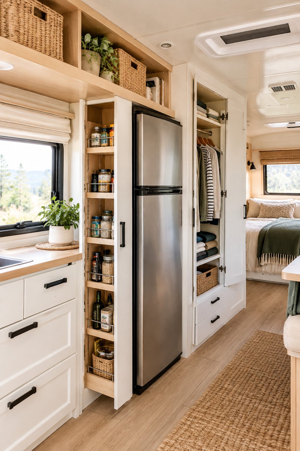 Camper storage solutions shown in a camper interior with overhead shelves, a slim pantry, and a tidy closet