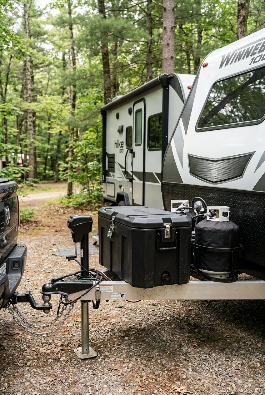 Tongue box mounted on the front of a travel trailer for extra storage