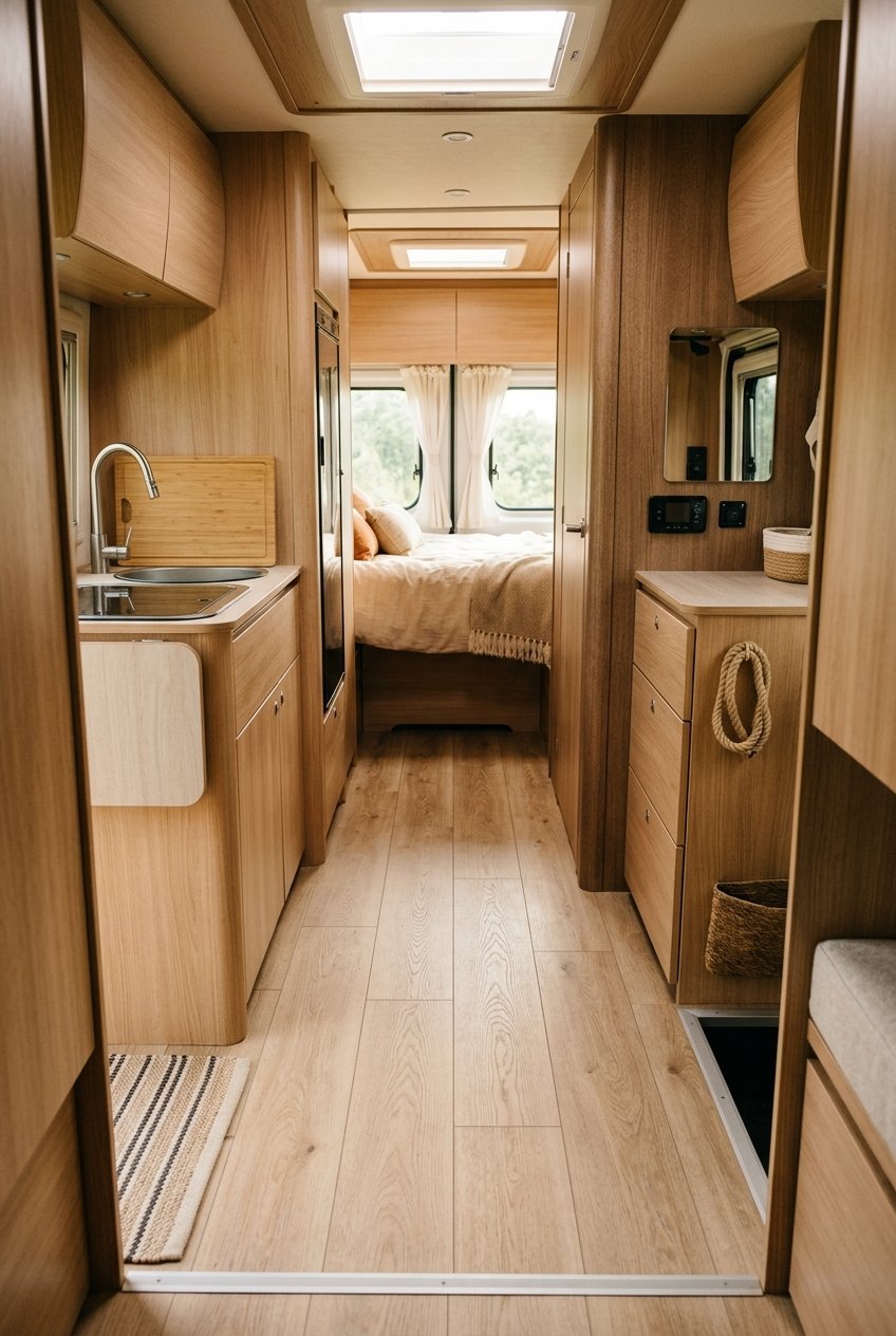 Light wood look vinyl plank flooring installed in a camper hallway