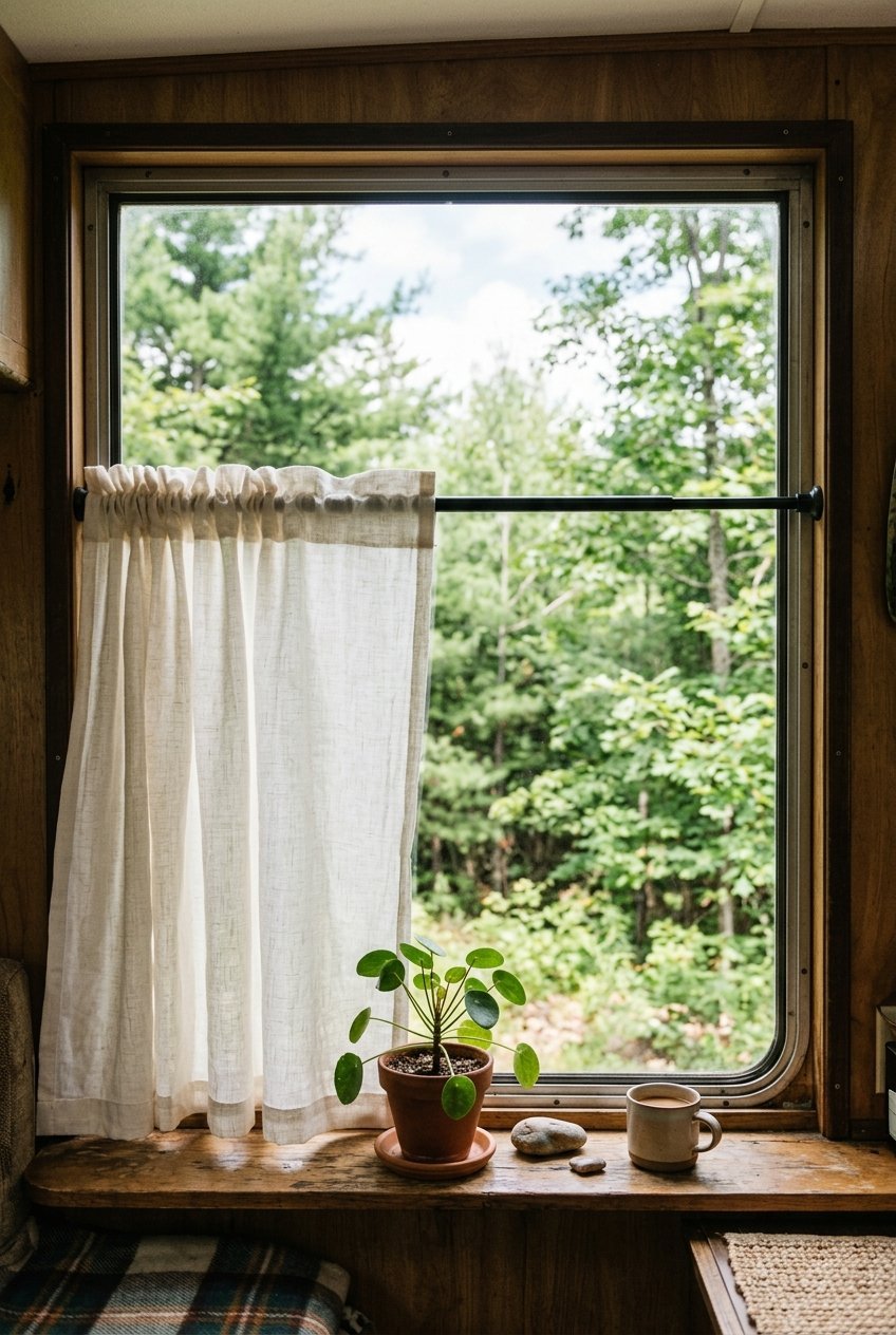 Camper window with simple linen curtains replacing old dated blinds