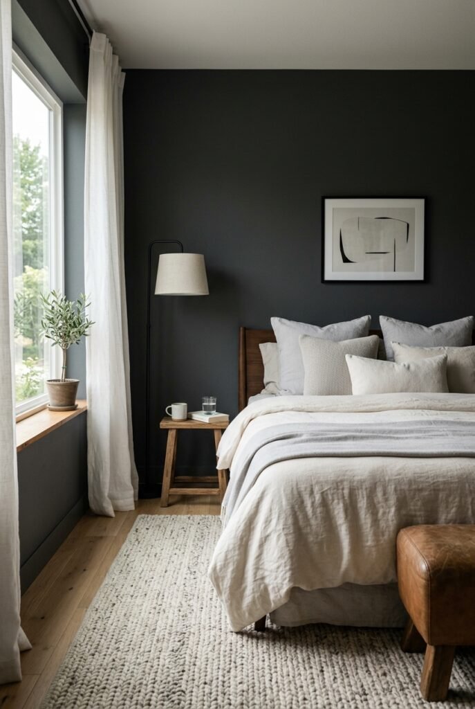 Charcoal bedroom walls with light gray bedding and a woven rug