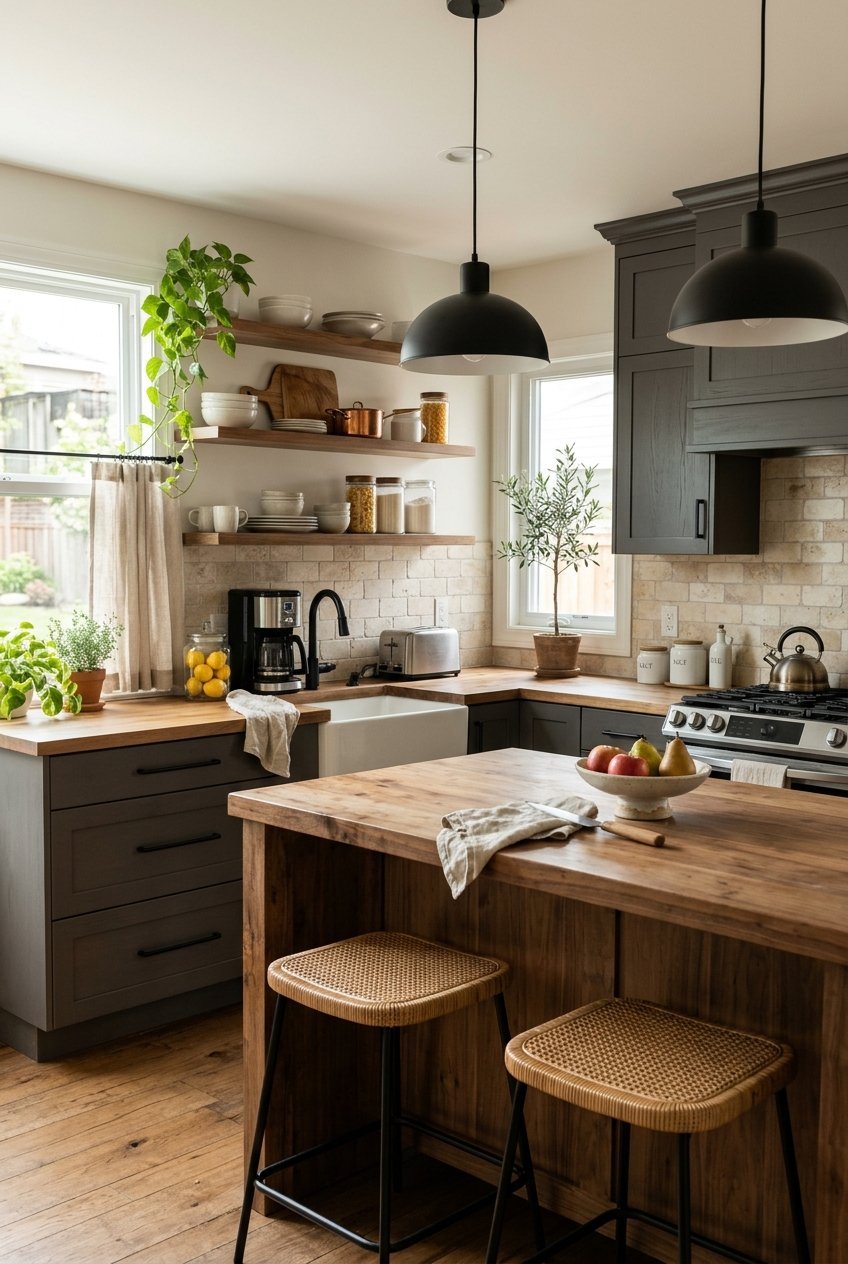 Charcoal gray kitchen cabinets with a warm wood island