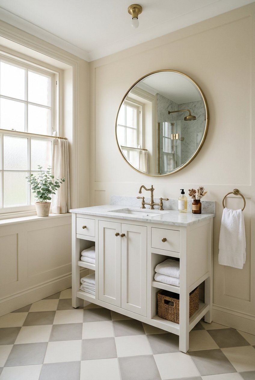 Cream and soft gray checkerboard bathroom floor with a brass faucet