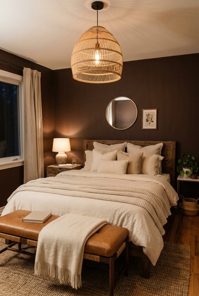 Chocolate brown bedroom with caramel leather bench and cream bedding