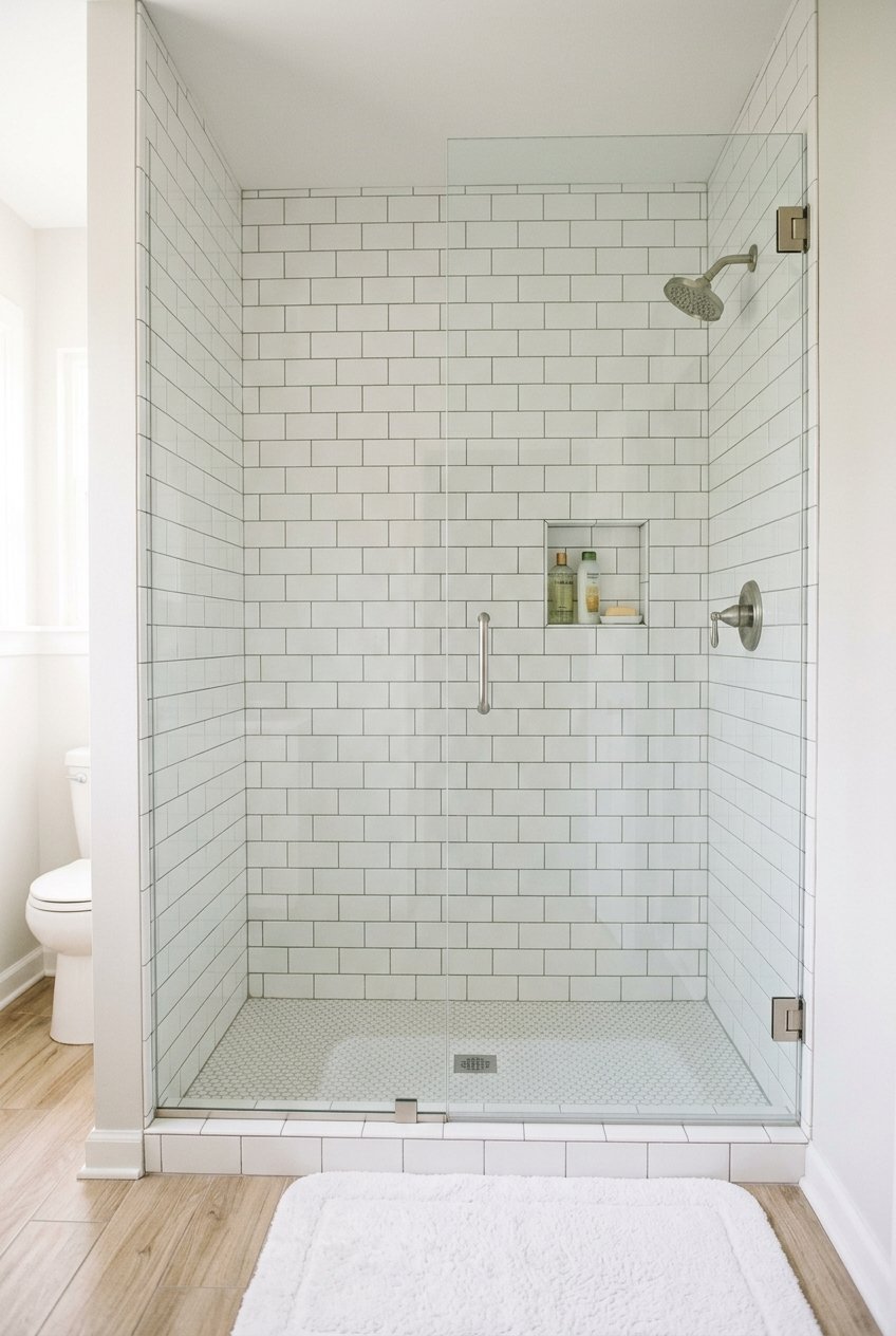 Frameless clear glass shower door keeping a small bathroom feeling open