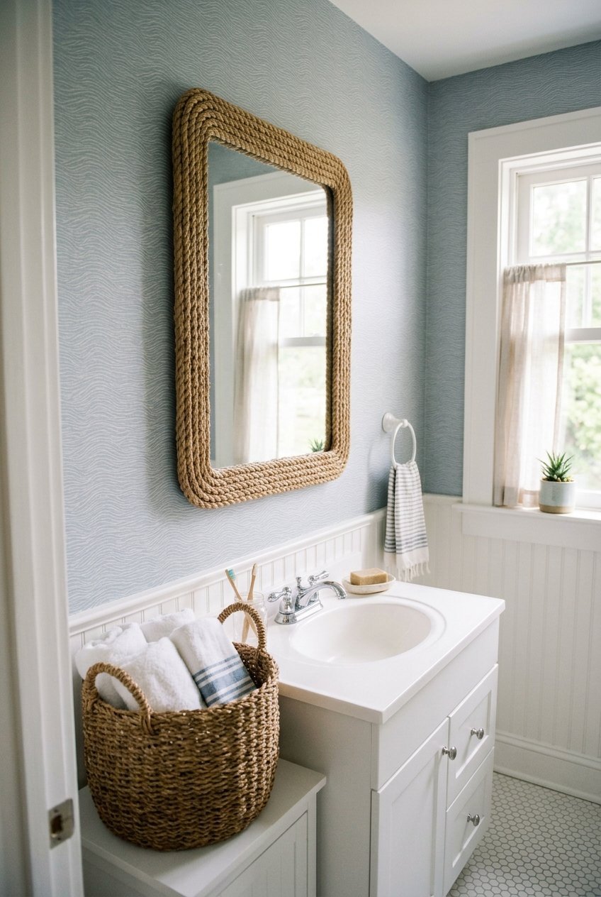 Coastal seagrass wave pattern wallpaper in a small bathroom