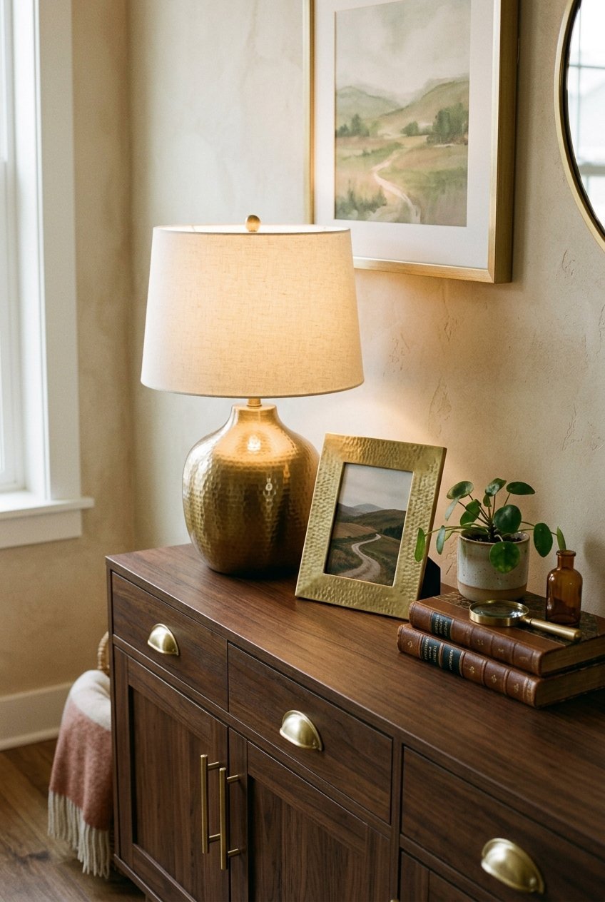 Cohesive brushed brass finishes on hardware, lamps, and frames in a luxury interior
