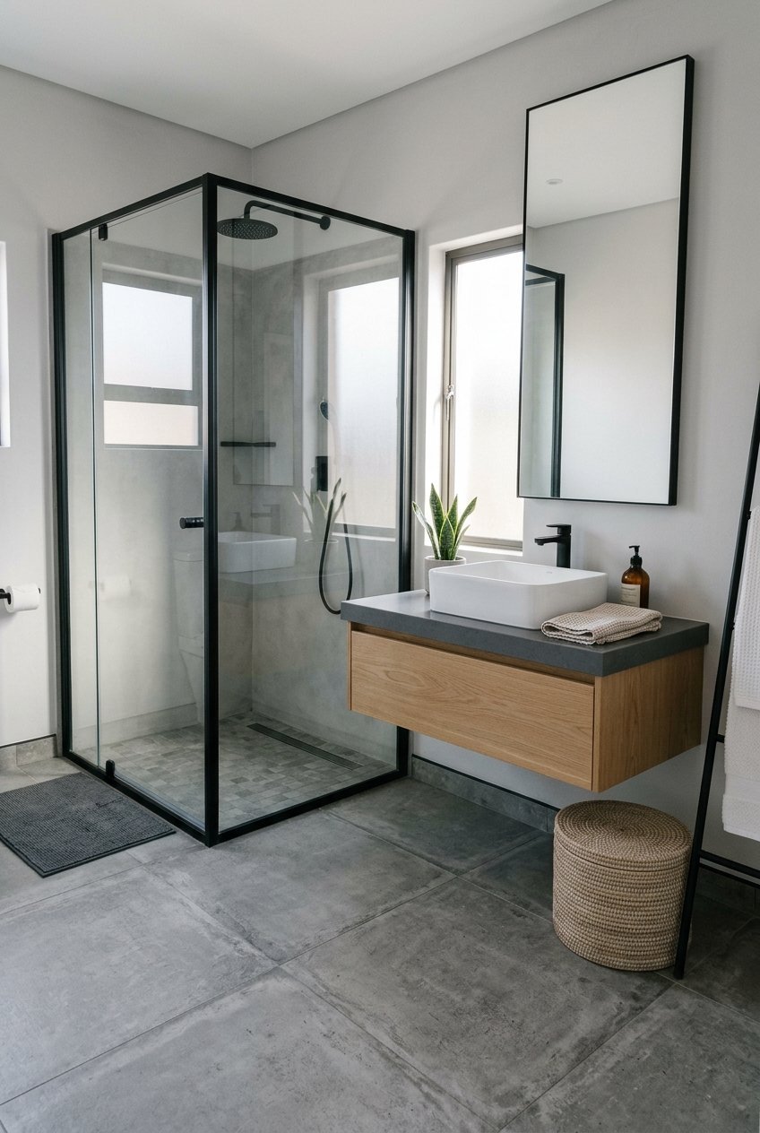 Matte concrete look tile on a modern bathroom floor