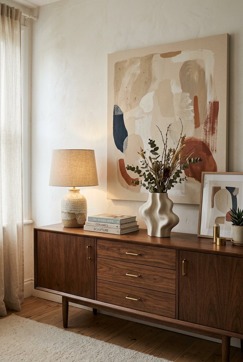 Styled sideboard with a lamp, art, and ceramics in a modern living room
