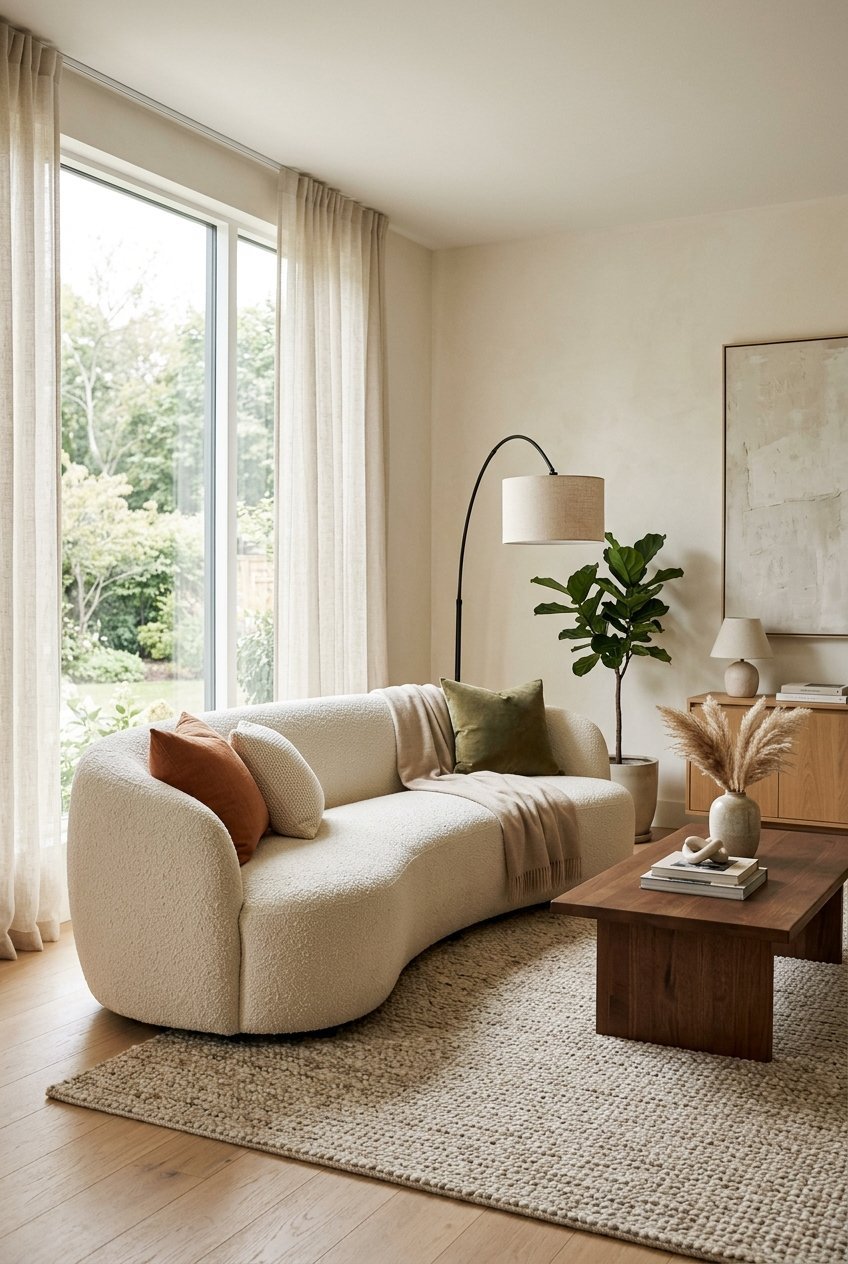 Curved cream boucle sofa in a modern living room