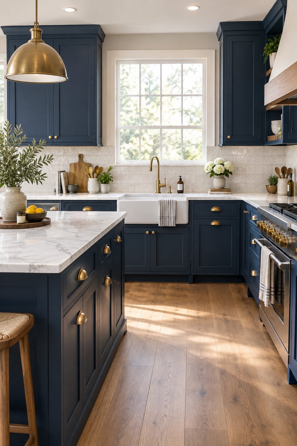 Dark kitchen cabinets in deep navy with brass hardware, white stone counters, and warm wood floors