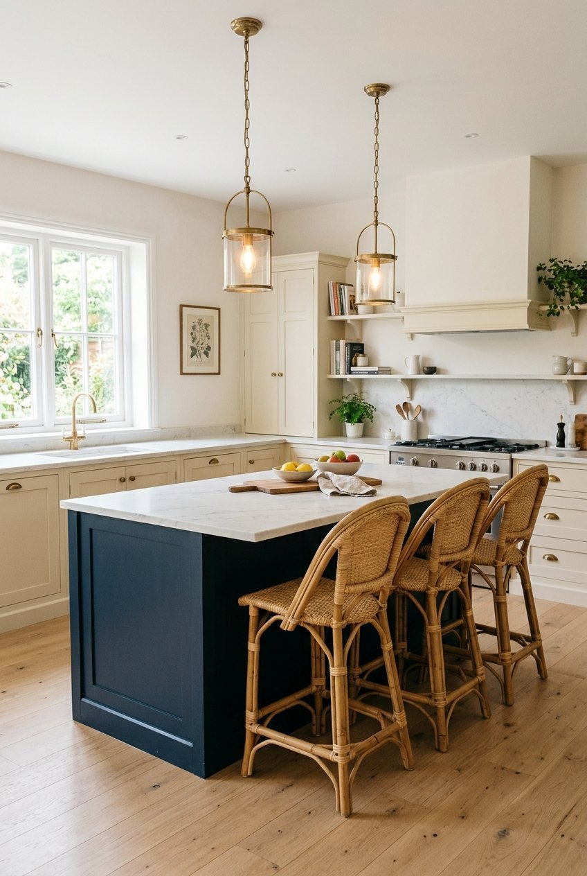 Dark navy kitchen island against light cream perimeter cabinets