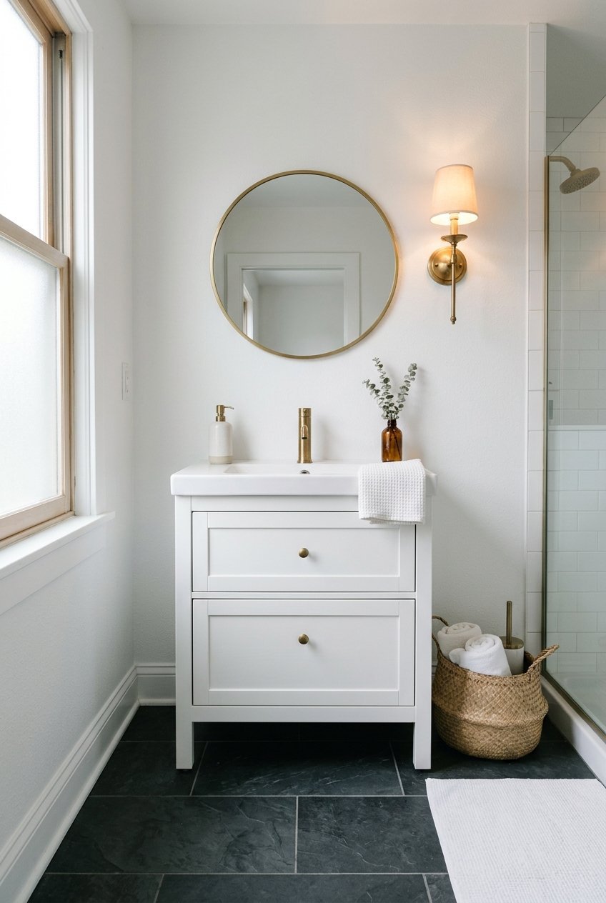 Dark matte slate look bathroom floor tile with white walls and brass fixtures