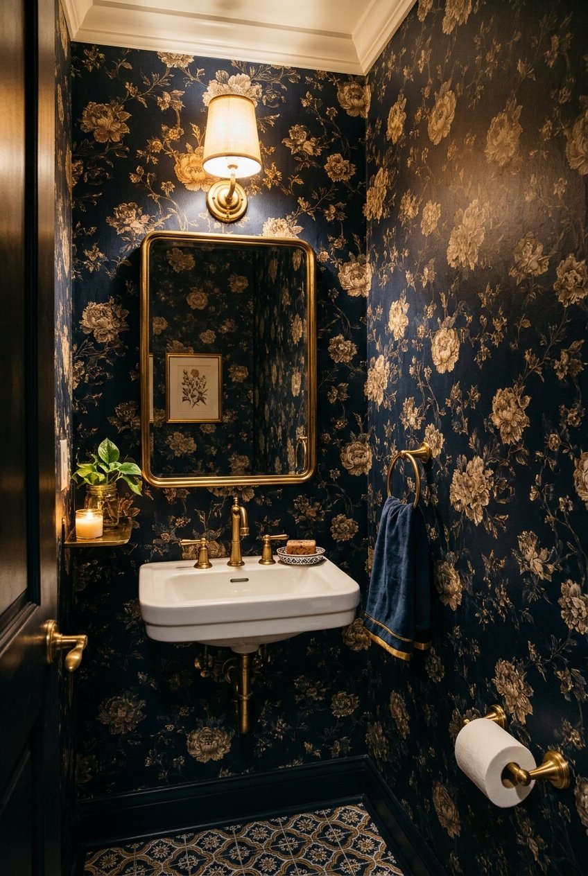 Dark moody floral wallpaper in a small powder room with a brass mirror