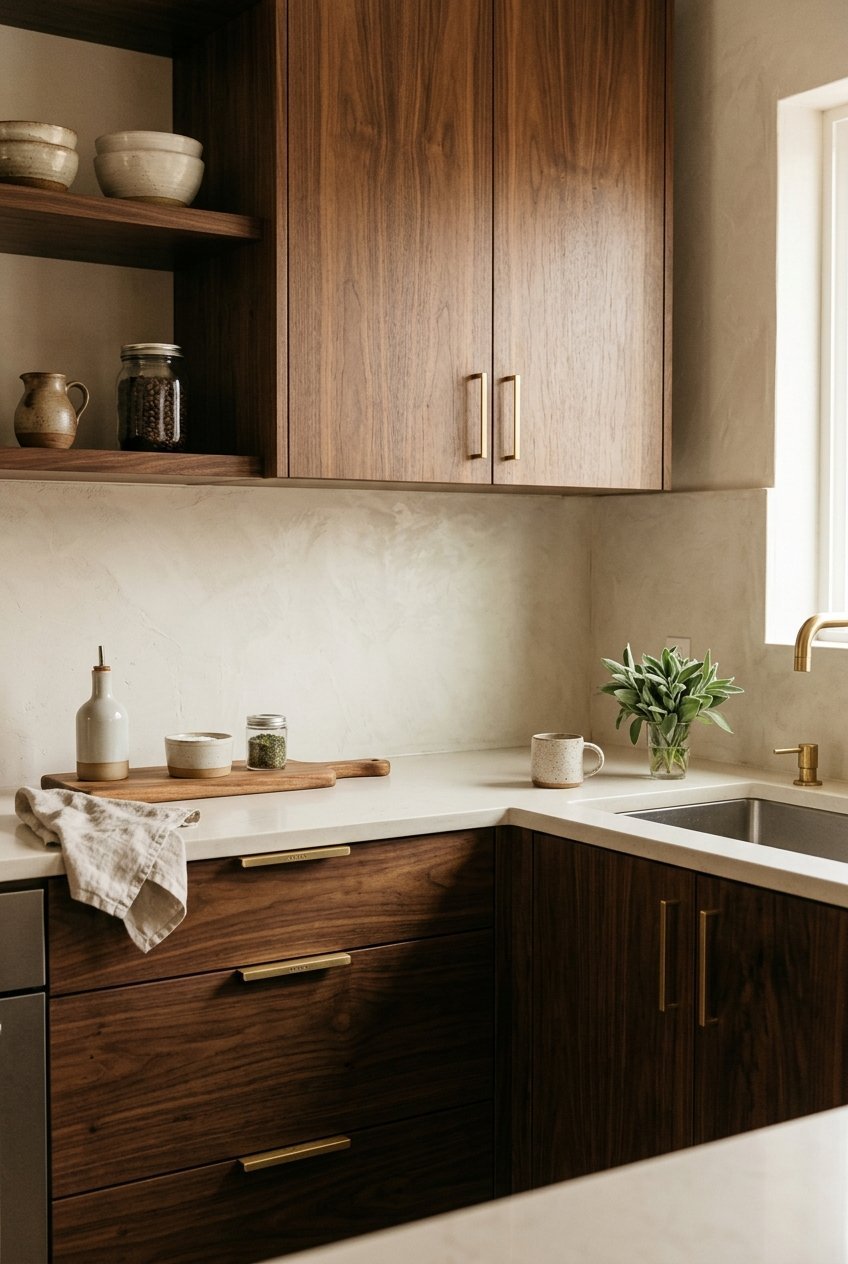 Dark walnut wood kitchen cabinets with visible grain and light countertops