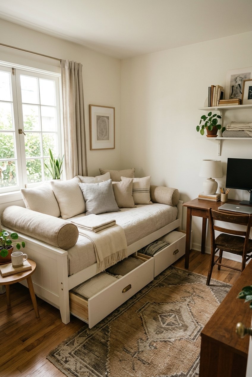 Daybed with storage drawers used as a sofa in a home office guest room