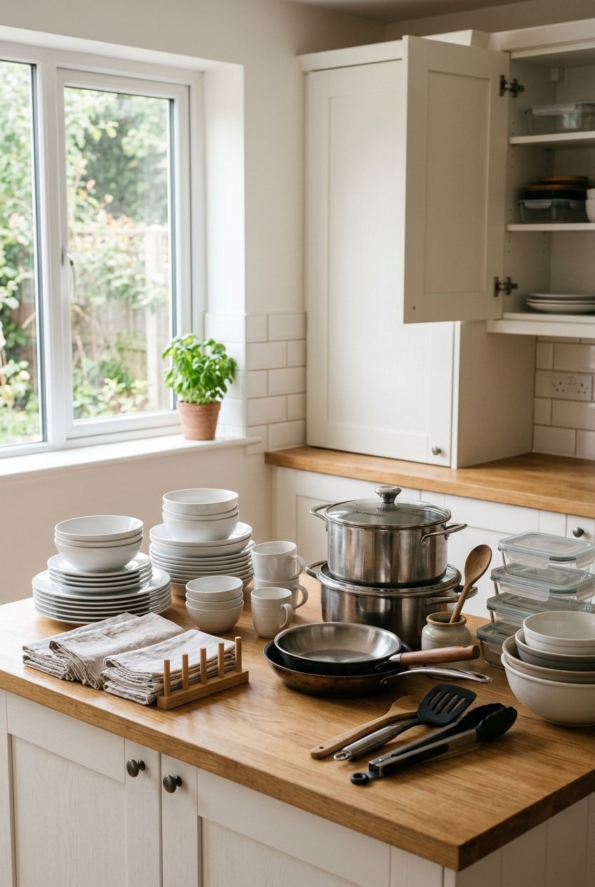Kitchen items sorted into piles before organizing cabinets