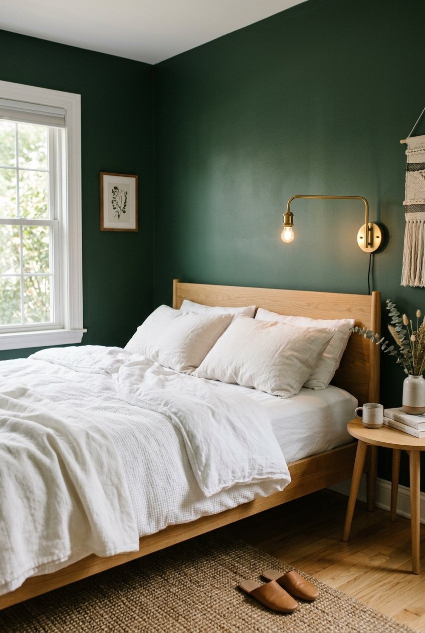 Dark green bedroom with deep forest green walls and white bedding