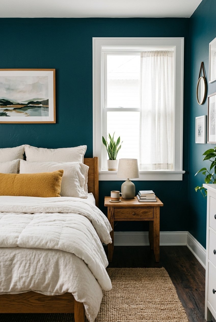 Deep teal bedroom with mustard accent pillows and white trim