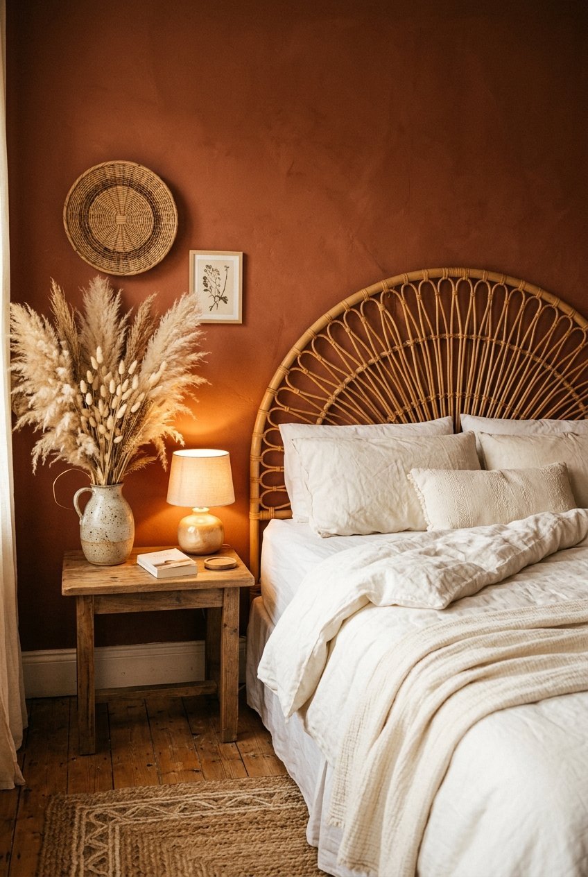 Deep terracotta clay bedroom with warm linen bedding and rattan details