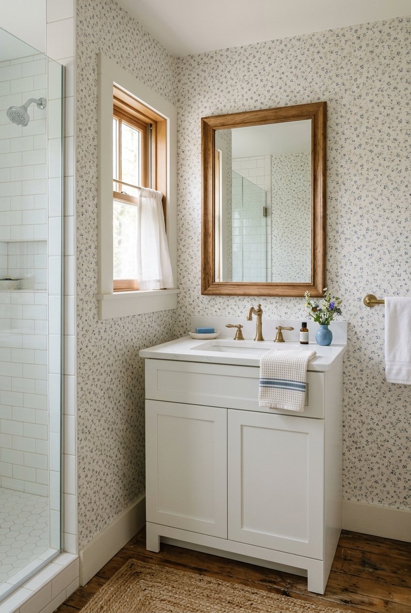 Small scale ditsy floral wallpaper in a compact bathroom