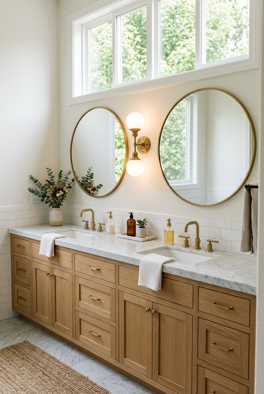 Double sink bathroom vanity with two mirrors and matching sconces