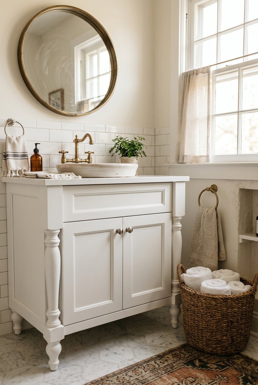 Farmhouse style bathroom vanity with shaker doors and a cross handle faucet