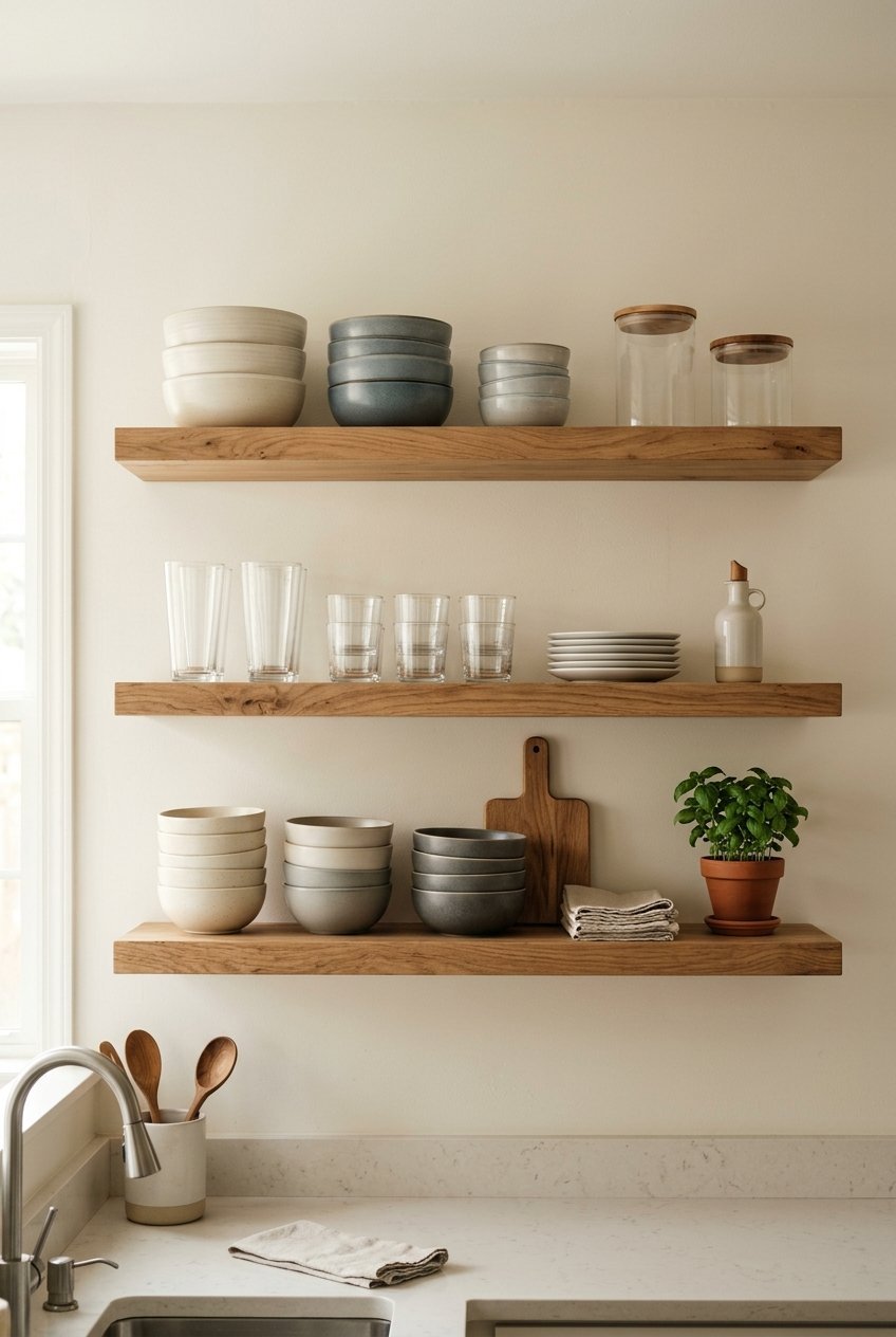 Floating wood shelves replacing upper cabinets in a kitchen
