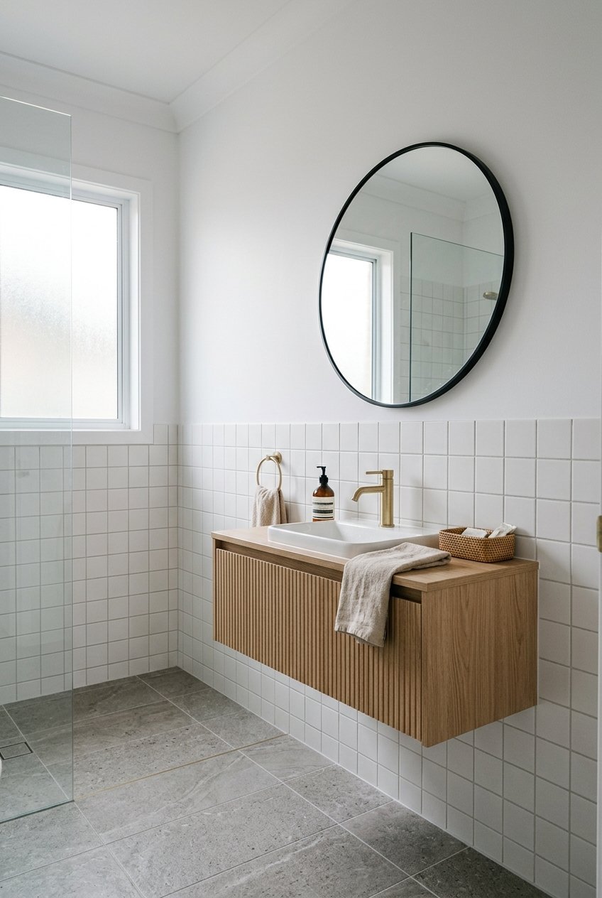 Slim floating vanity leaving visible floor space in a small bathroom