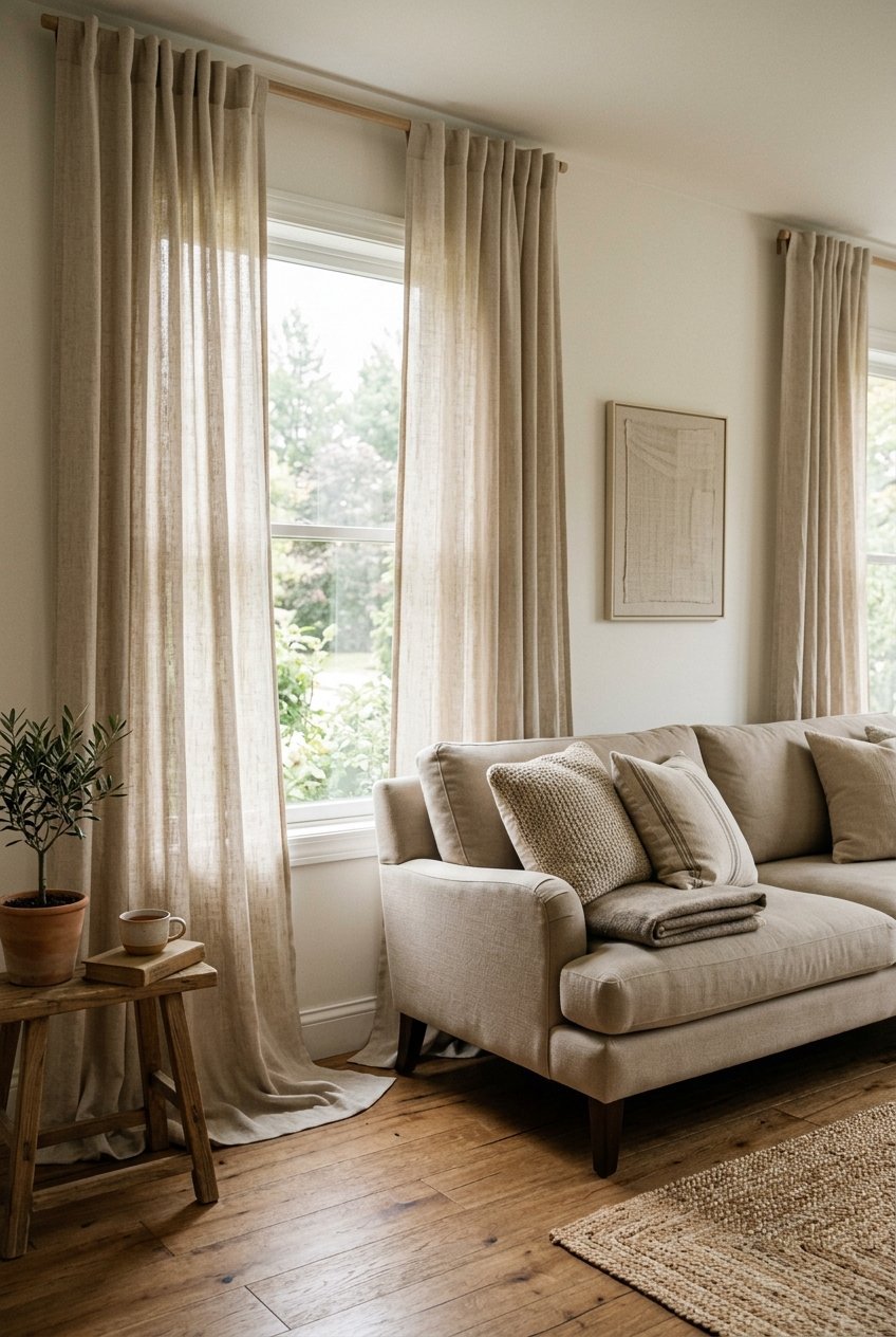 Floor length linen curtains hung high near the ceiling in a luxury living room