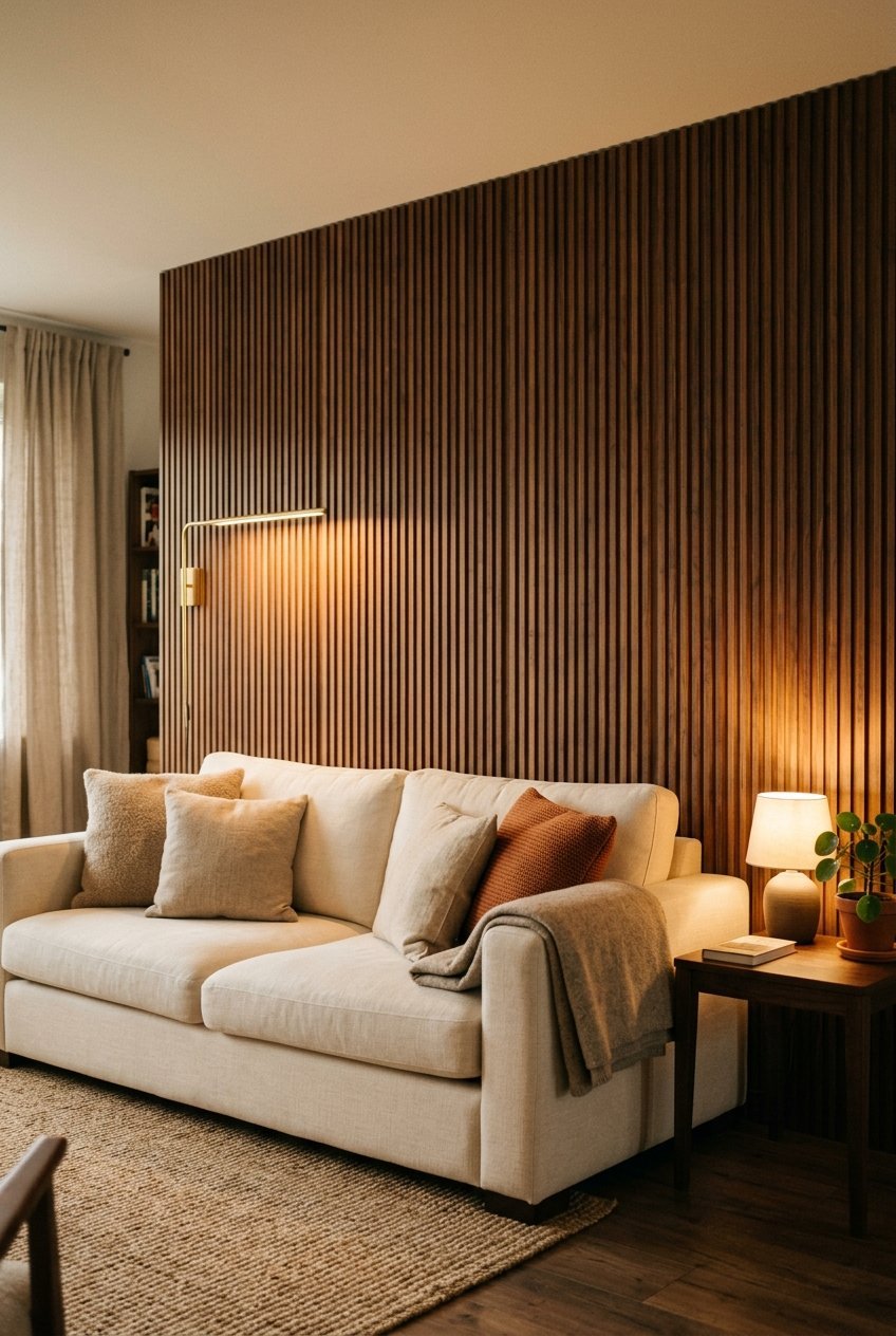 Fluted wood accent wall behind a sofa in a modern living room