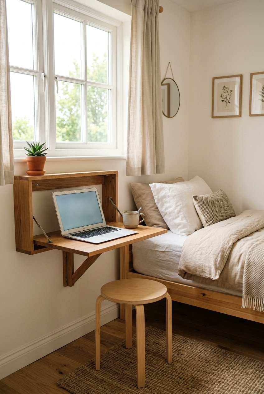 Fold away wall mounted desk with a laptop in a small guest room office