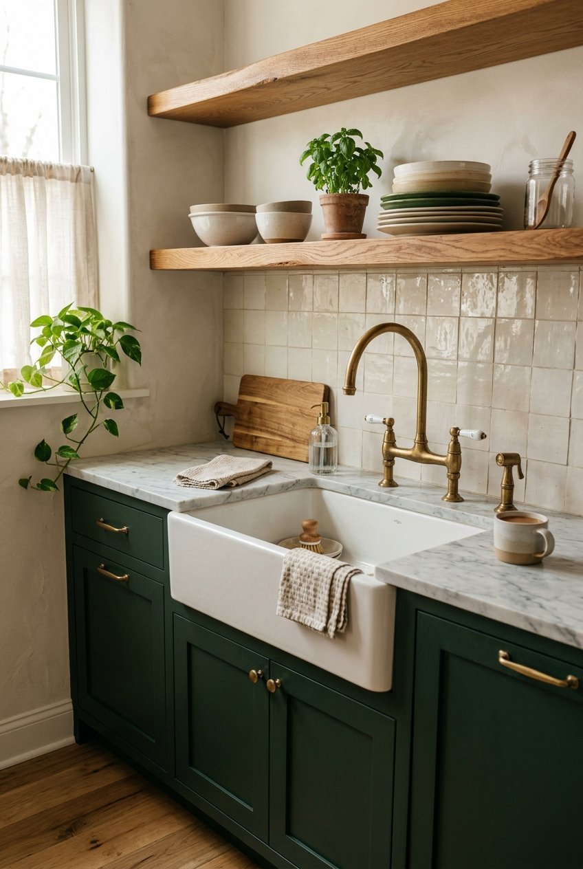 Forest green kitchen cabinets with warm wood open shelving and a stone counter