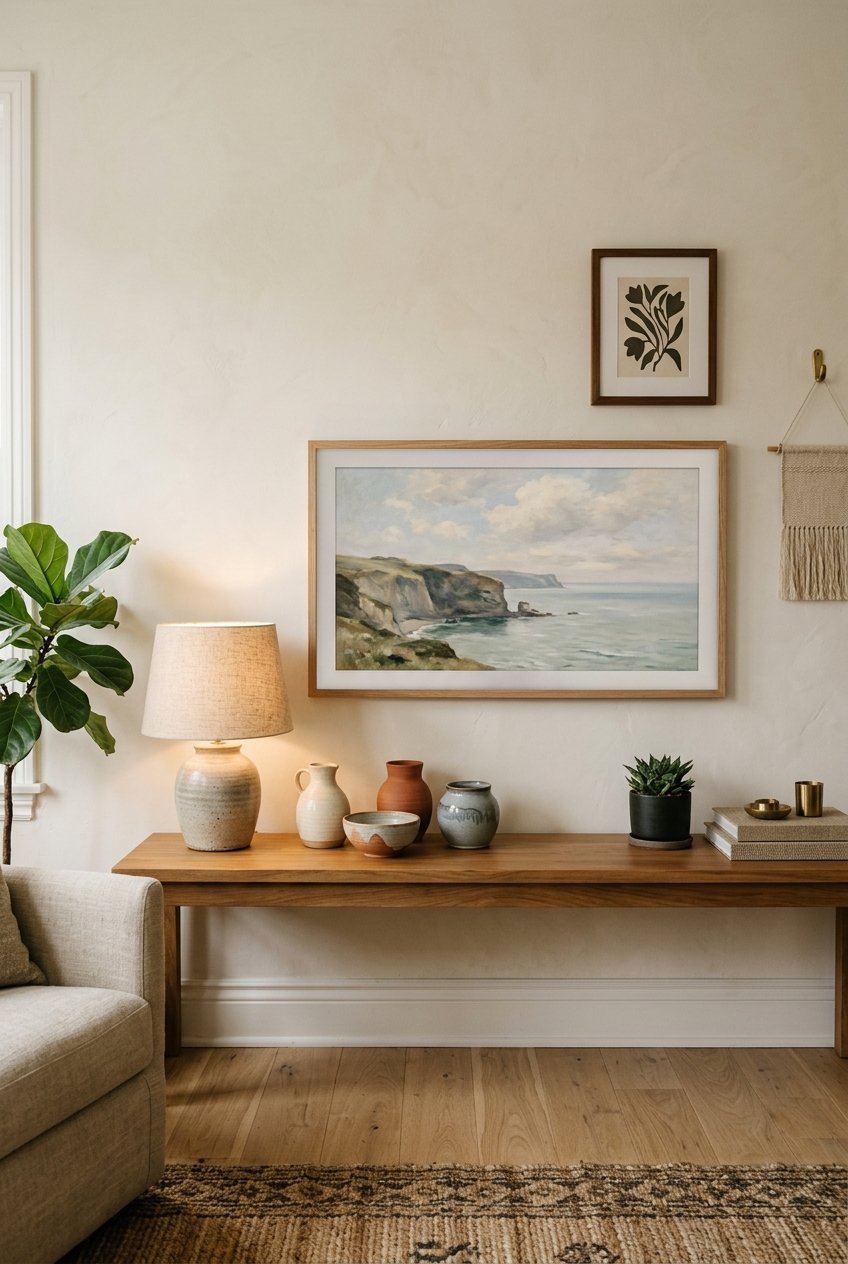 TV styled like framed art on a living room wall with a console below