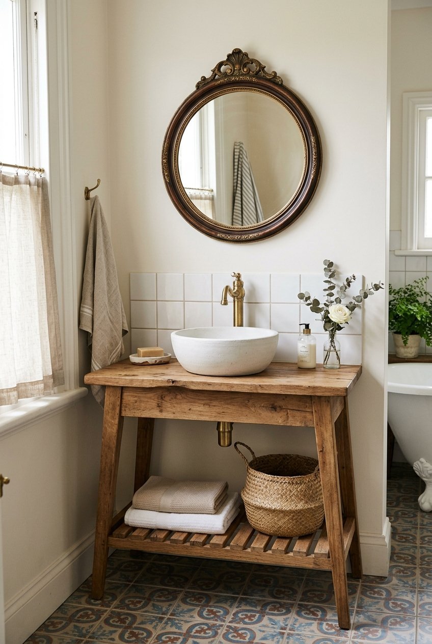 Freestanding bathroom vanity styled like a console table with a vessel sink