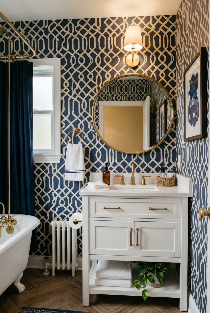 Geometric trellis wallpaper in cream and navy behind a small bathroom vanity