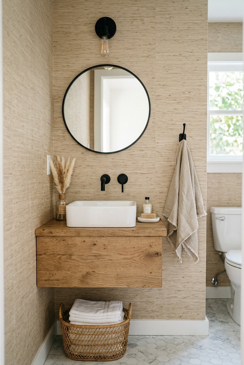 Grasscloth look vinyl wallpaper adding texture to a small bathroom