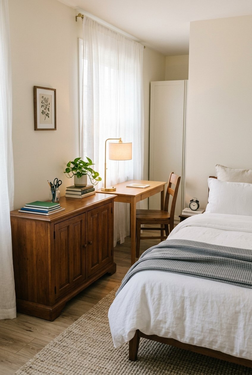 Closed credenza hiding office supplies and a guest ready bed with fresh linens