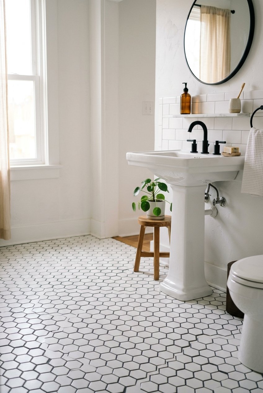 White hexagon tile bathroom floor with dark grout