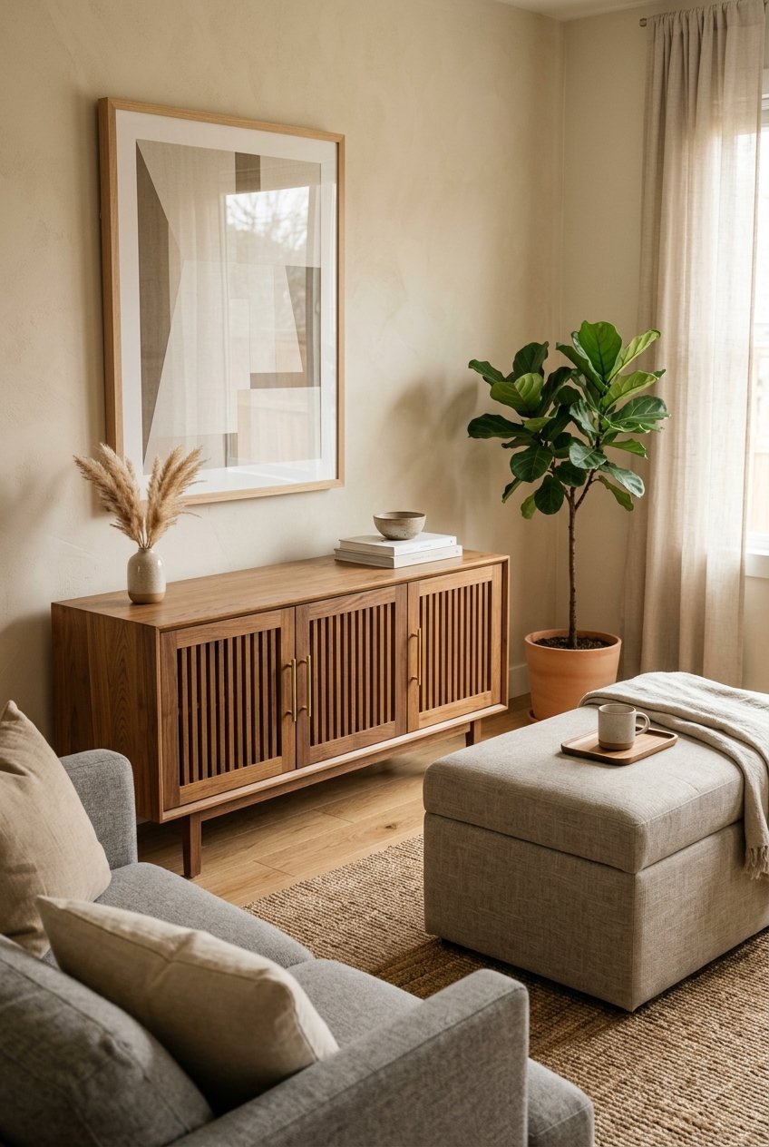 Hidden storage ottoman and closed cabinet in a minimalist living room