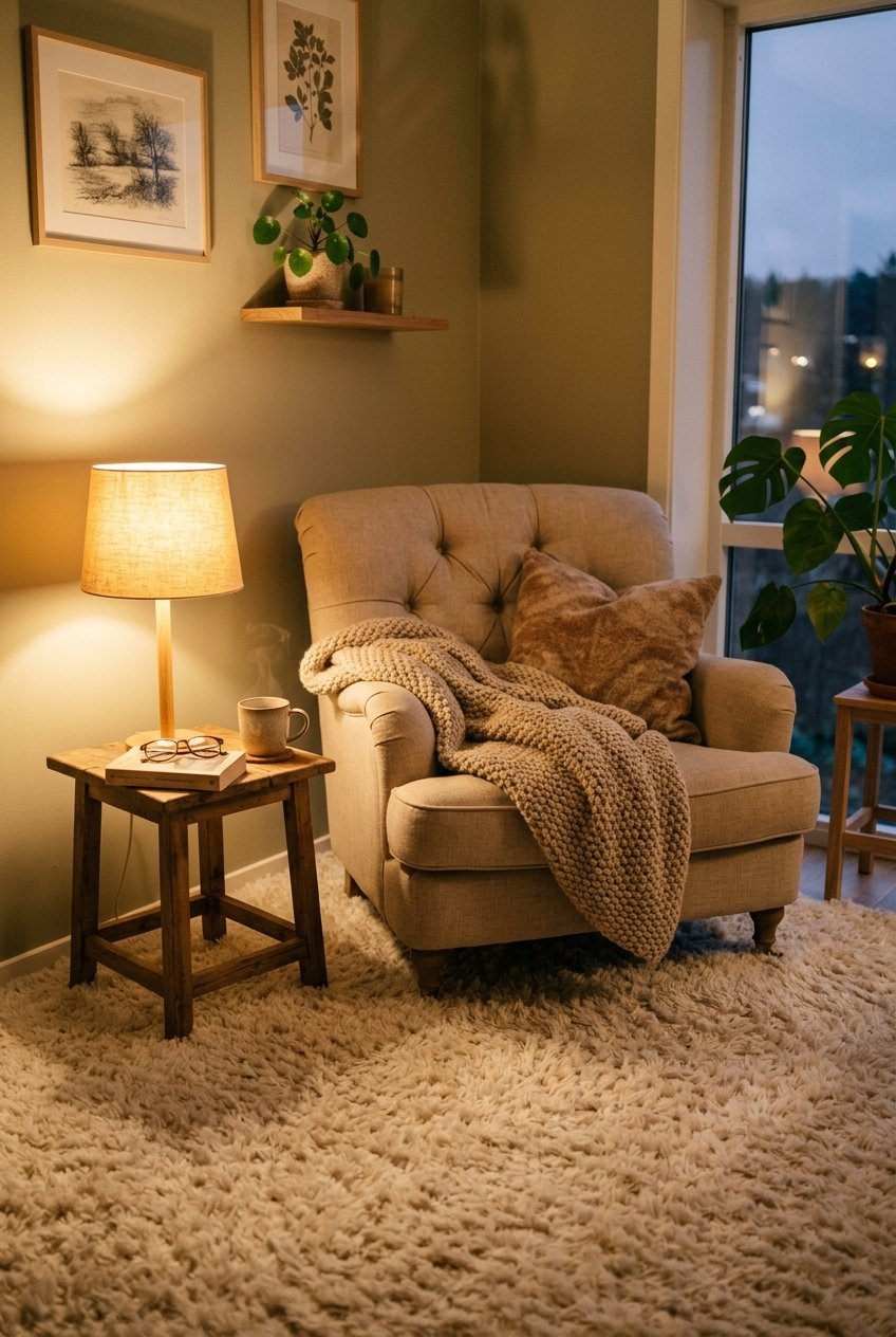 Soft high pile rug in a cozy living room reading corner