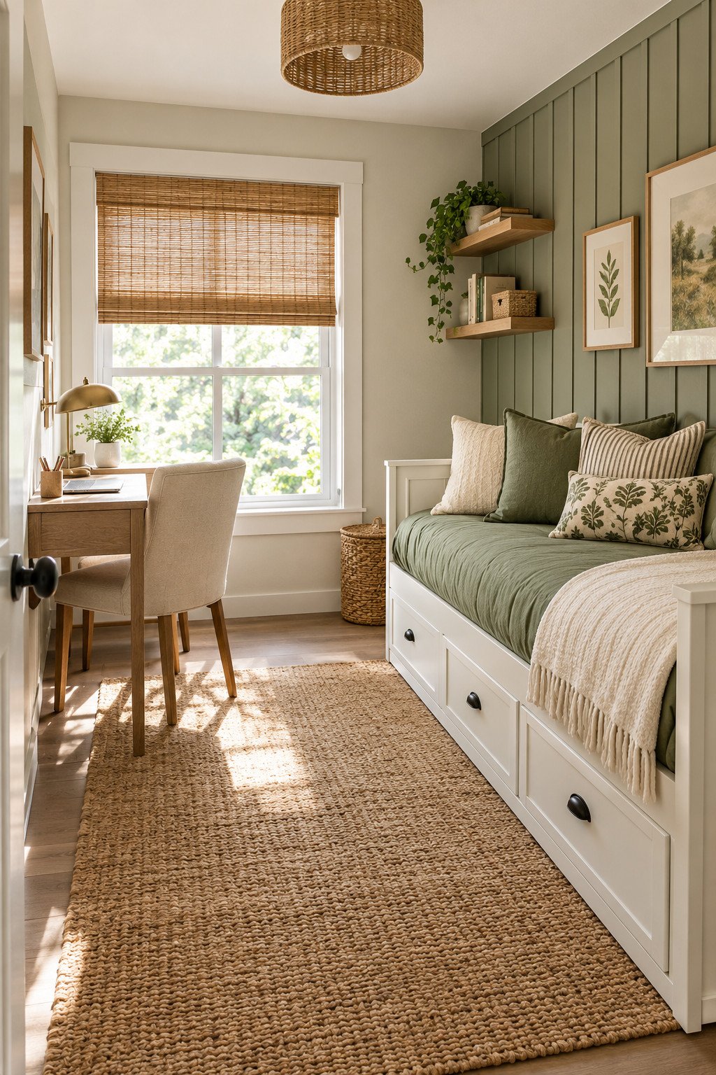 Home office guest room combo with a storage daybed, wood desk, and sage green slat wall